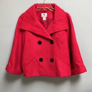 Worthington Women's L Cropped Pea Jacket Hot Pink Black Buttons Hand Pockets